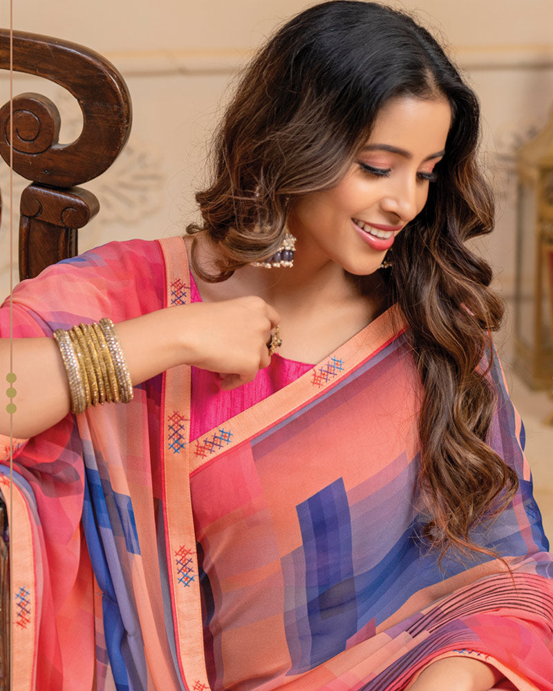 Vishal Prints Peach Digital Print Georgette Saree With Fancy Border