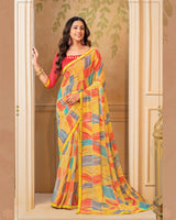 Vishal Prints Yellow Digital Print Georgette Saree With Fancy Border