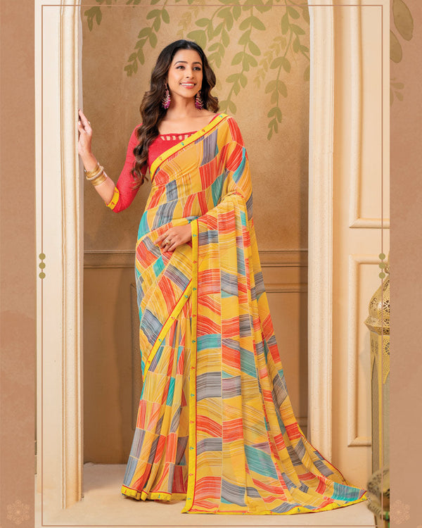 Vishal Prints Yellow Digital Print Georgette Saree With Fancy Border