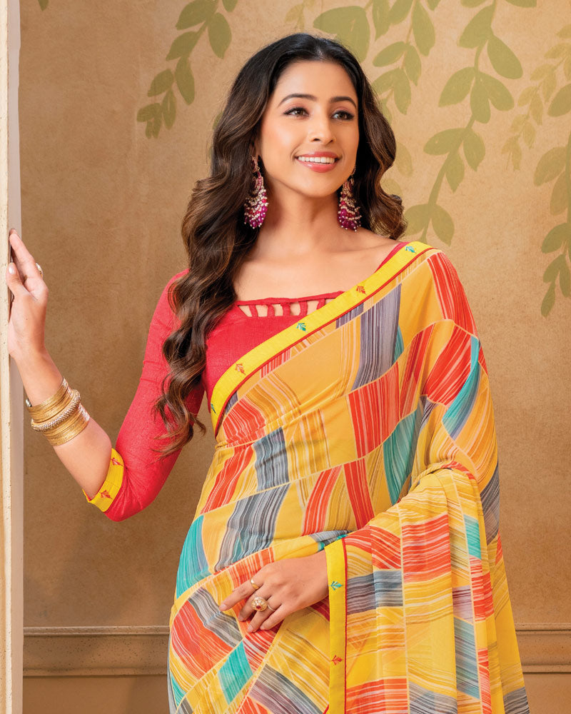 Vishal Prints Yellow Digital Print Georgette Saree With Fancy Border