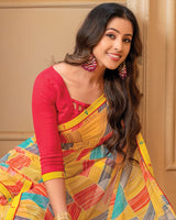 Vishal Prints Yellow Digital Print Georgette Saree With Fancy Border