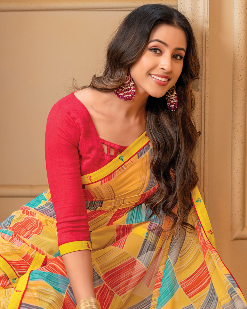 Vishal Prints Yellow Digital Print Georgette Saree With Fancy Border