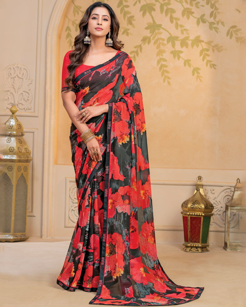 Vishal Prints Black Digital Print Georgette Saree With Fancy Border