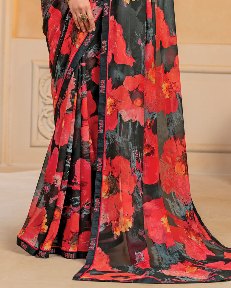 Vishal Prints Black Digital Print Georgette Saree With Fancy Border