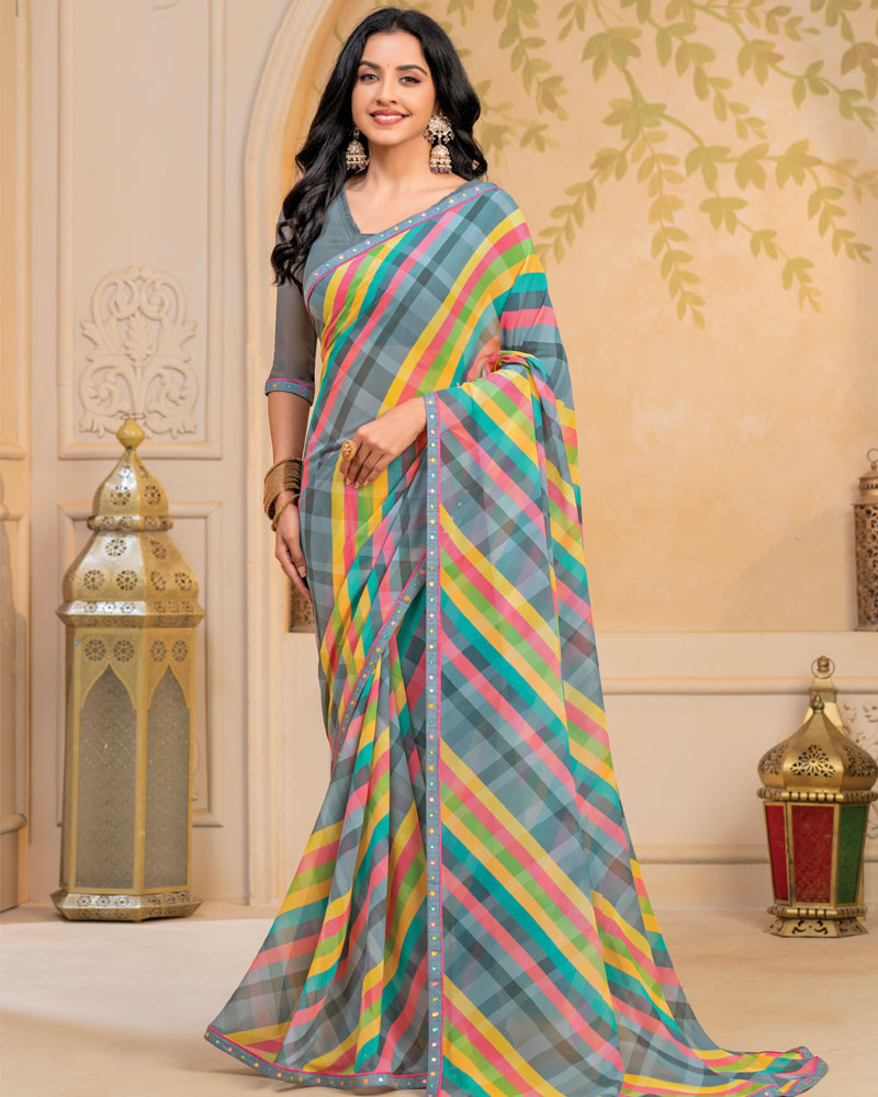 Vishal Prints Slate Grey Digital Print Georgette Saree With Fancy Border