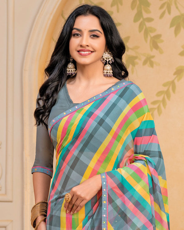 Vishal Prints Slate Grey Digital Print Georgette Saree With Fancy Border