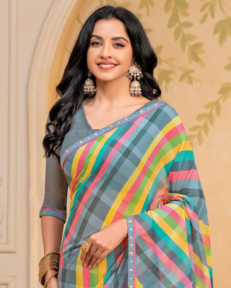 Vishal Prints Slate Grey Digital Print Georgette Saree With Fancy Border