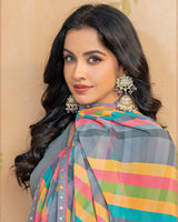 Vishal Prints Slate Grey Digital Print Georgette Saree With Fancy Border