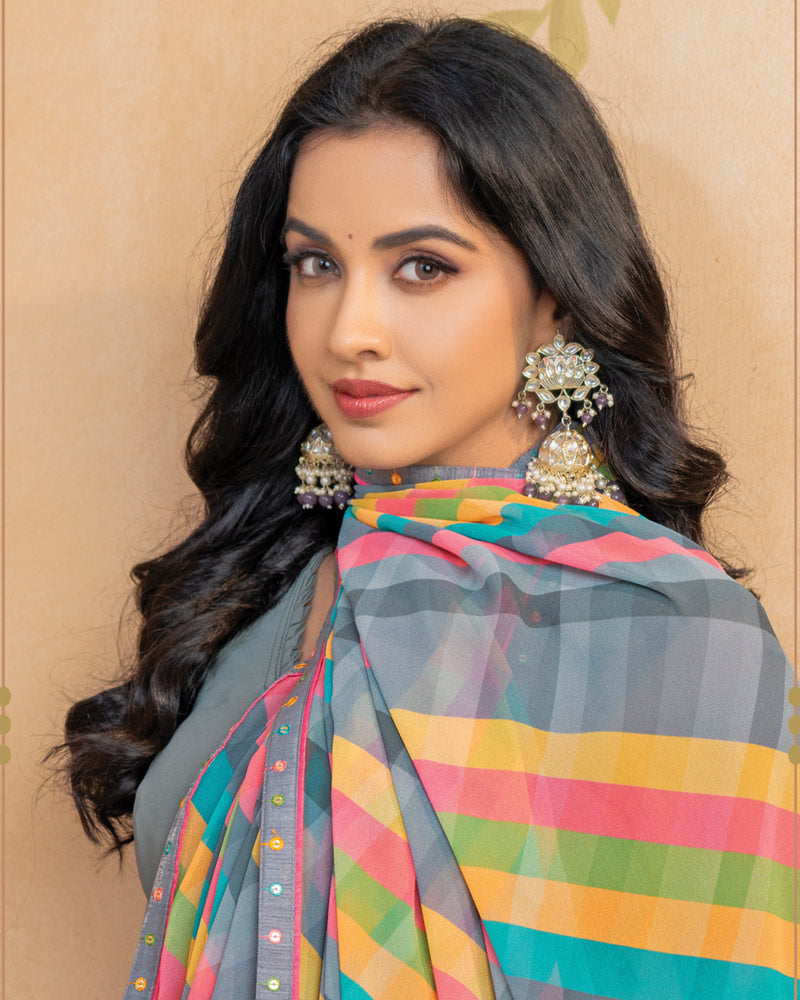 Vishal Prints Slate Grey Digital Print Georgette Saree With Fancy Border