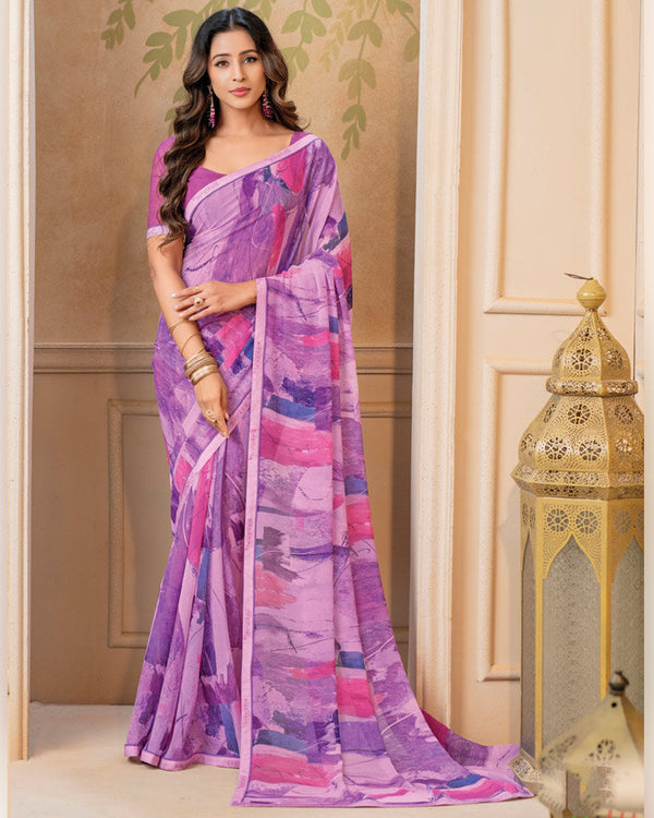 Vishal Prints Lilac Lavender Digital Print Georgette Saree With Fancy Border