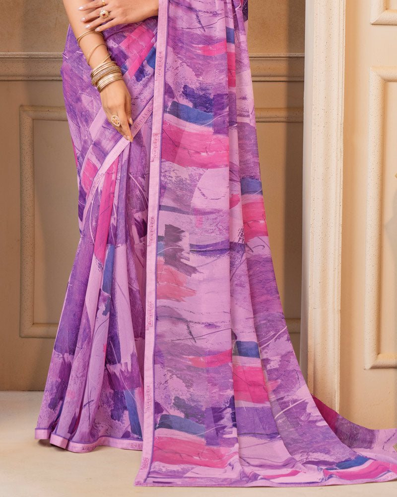 Vishal Prints Lilac Lavender Digital Print Georgette Saree With Fancy Border