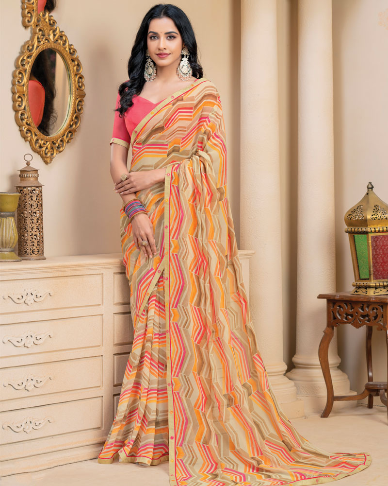 Vishal Prints Beige Digital Print Georgette Saree With Fancy Border