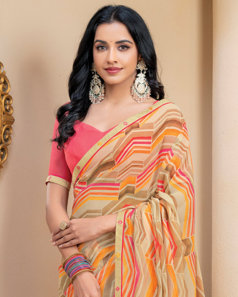 Vishal Prints Beige Digital Print Georgette Saree With Fancy Border