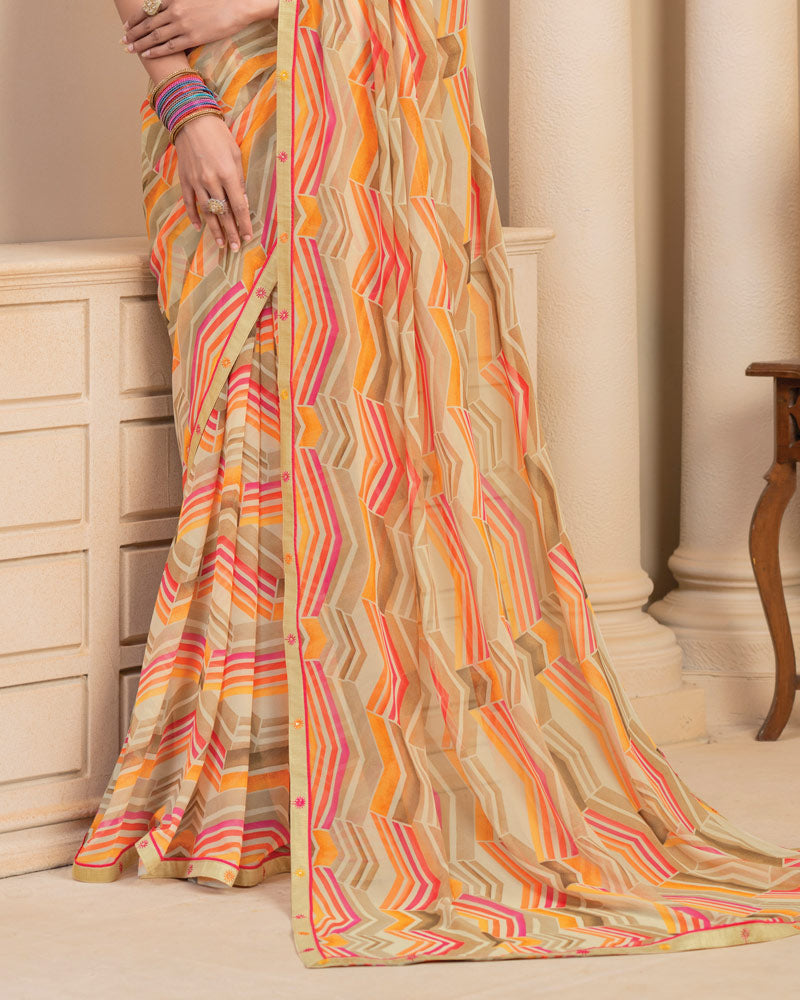 Vishal Prints Beige Digital Print Georgette Saree With Fancy Border