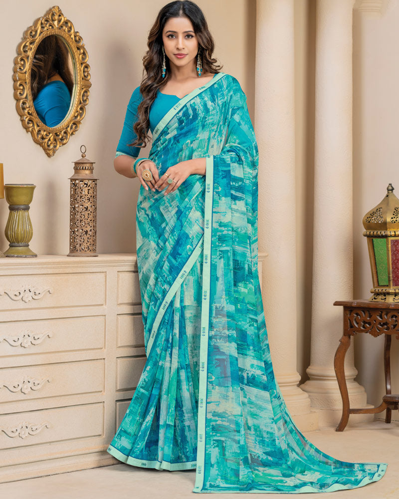 Vishal Prints Persian Green Digital Print Georgette Saree With Fancy Border