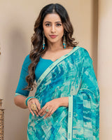 Vishal Prints Persian Green Digital Print Georgette Saree With Fancy Border