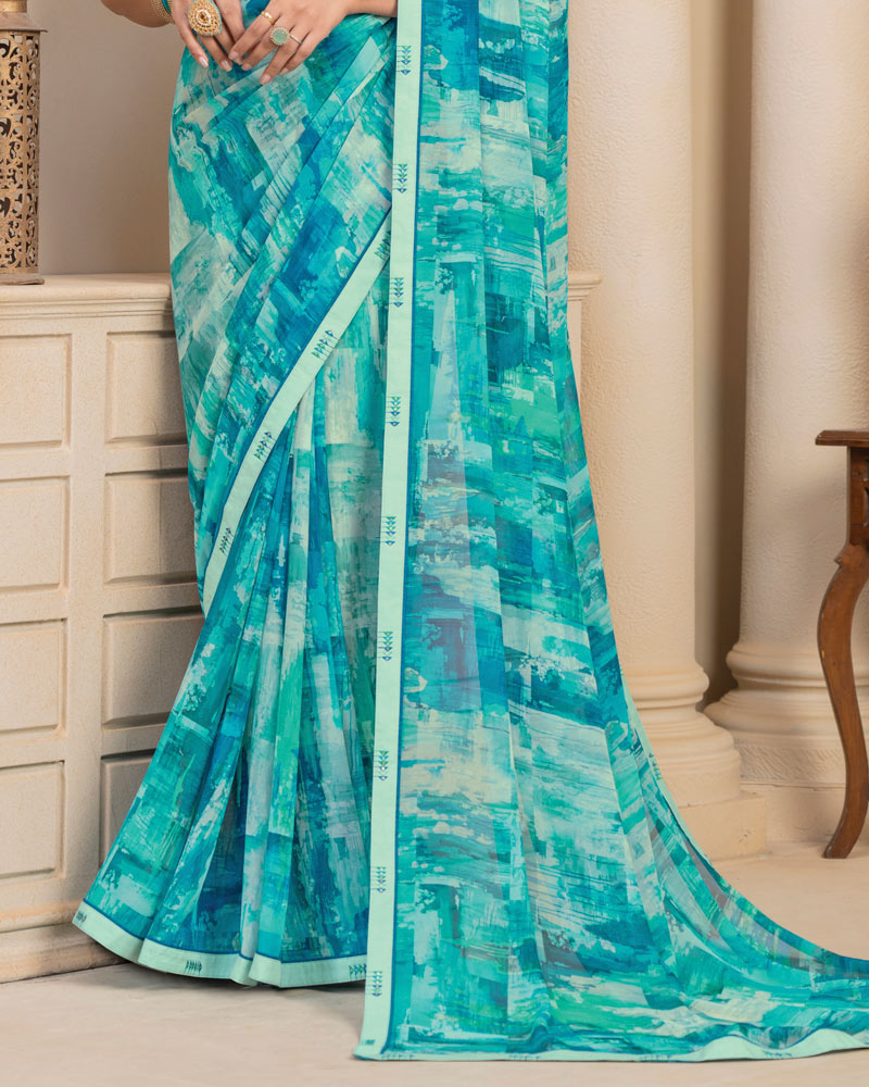 Vishal Prints Persian Green Digital Print Georgette Saree With Fancy Border