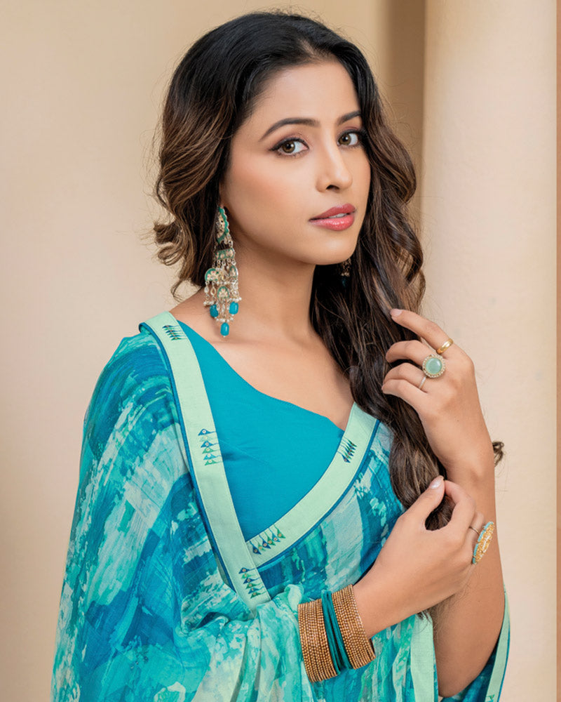 Vishal Prints Persian Green Digital Print Georgette Saree With Fancy Border