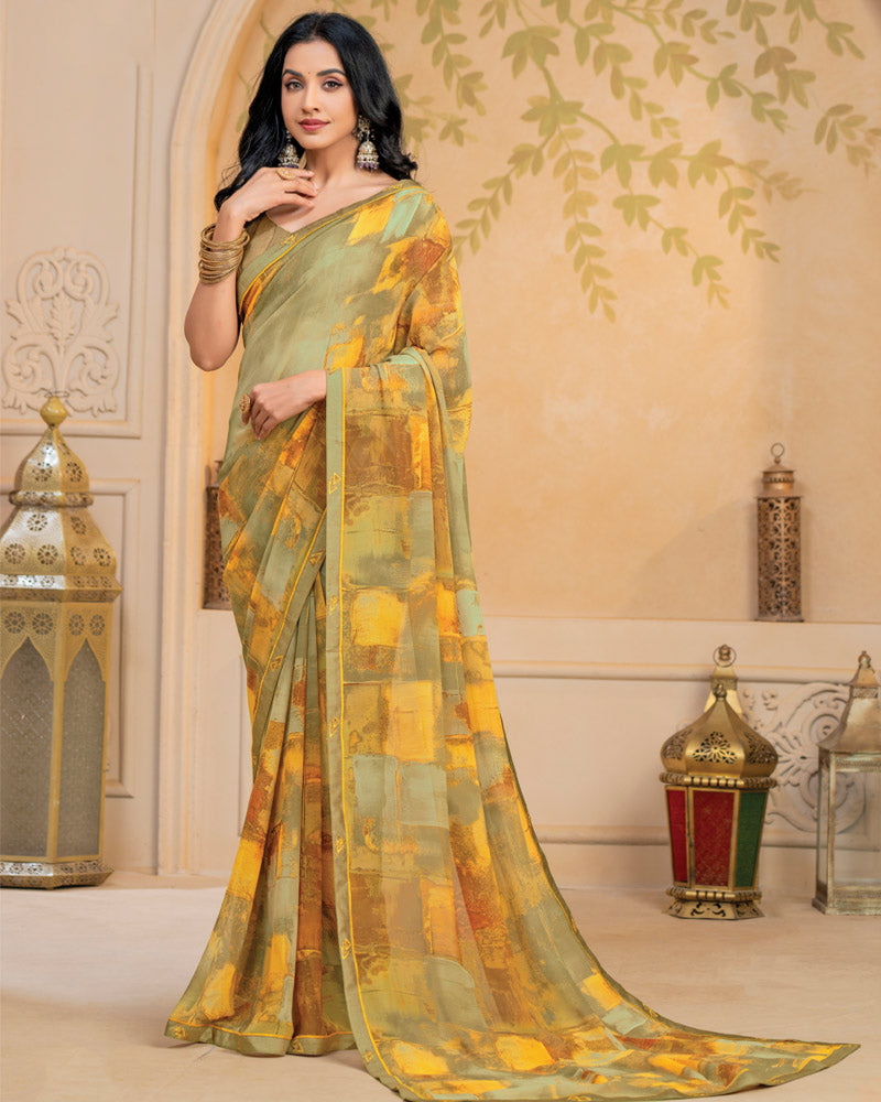 Vishal Prints Dusty Yellow Digital Print Georgette Saree With Fancy Border