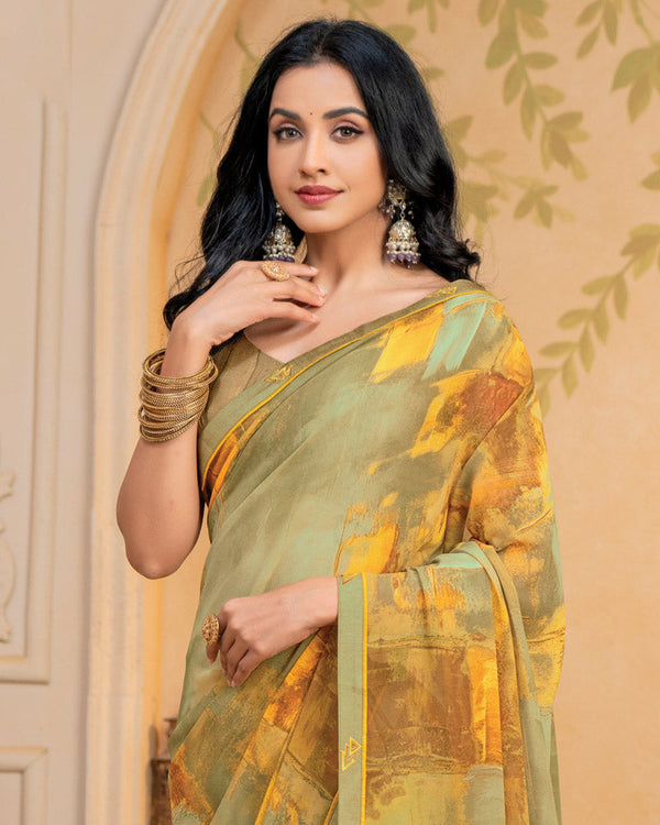 Vishal Prints Dusty Yellow Digital Print Georgette Saree With Fancy Border