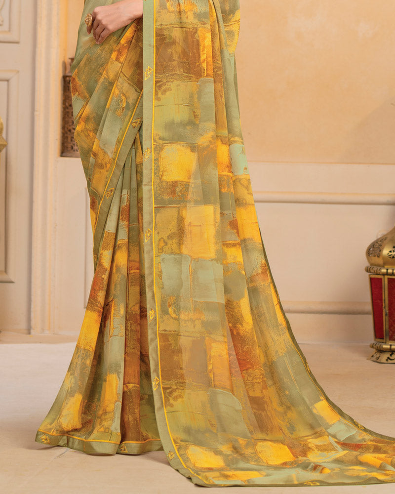 Vishal Prints Dusty Yellow Digital Print Georgette Saree With Fancy Border
