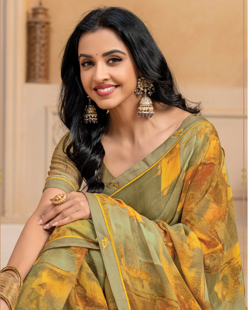 Vishal Prints Dusty Yellow Digital Print Georgette Saree With Fancy Border