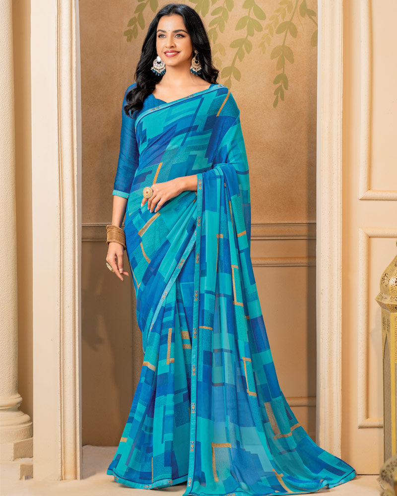 Vishal Prints Bright Blue Digital Print Georgette Saree With Fancy Border
