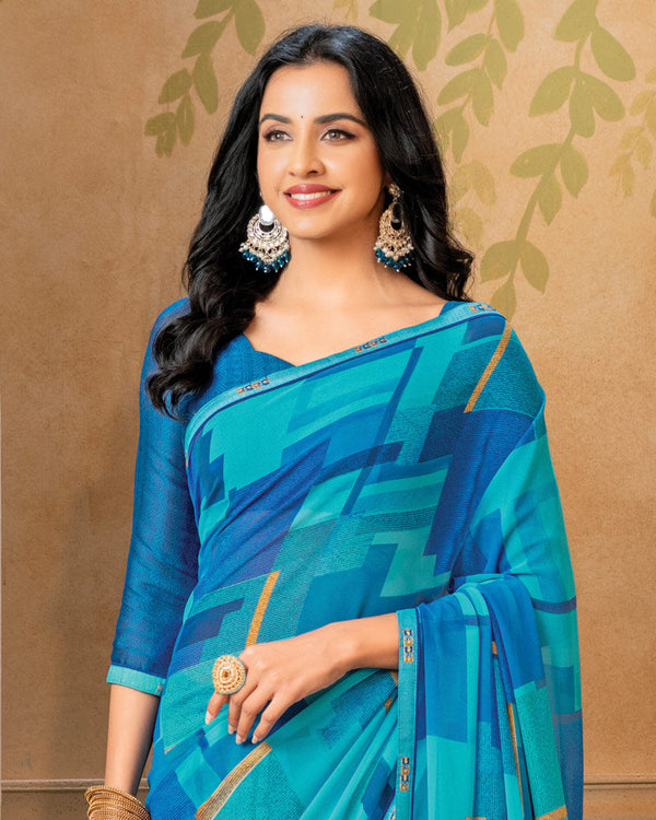 Vishal Prints Bright Blue Digital Print Georgette Saree With Fancy Border