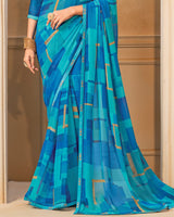 Vishal Prints Bright Blue Digital Print Georgette Saree With Fancy Border