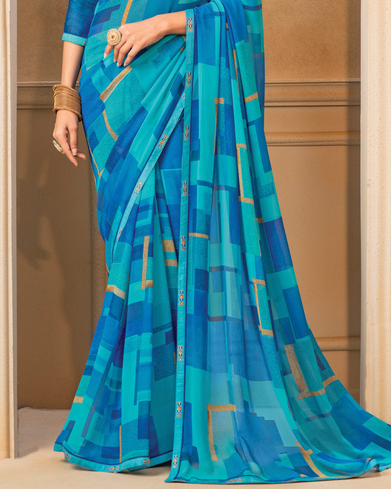 Vishal Prints Bright Blue Digital Print Georgette Saree With Fancy Border