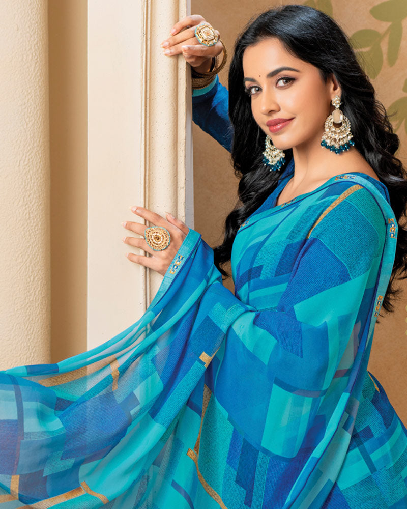 Vishal Prints Bright Blue Digital Print Georgette Saree With Fancy Border