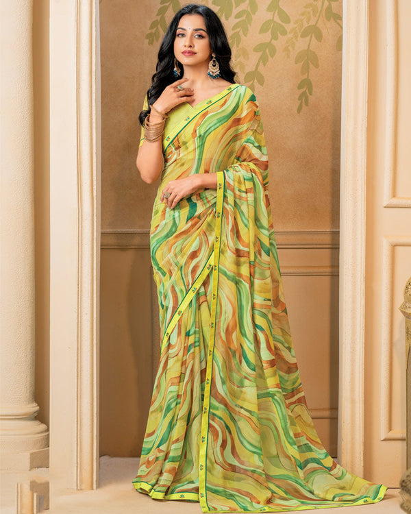 Vishal Prints Lemon Yellow Digital Print Georgette Saree With Fancy Border