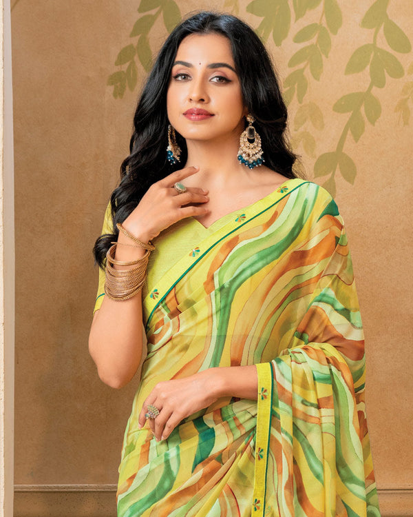 Vishal Prints Lemon Yellow Digital Print Georgette Saree With Fancy Border