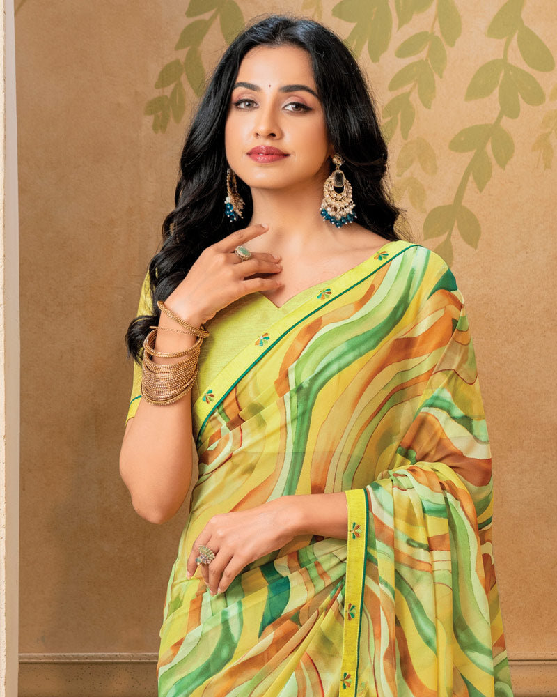 Vishal Prints Lemon Yellow Digital Print Georgette Saree With Fancy Border