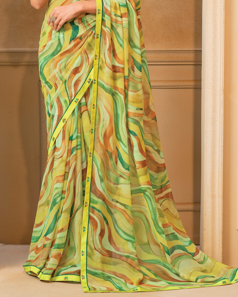 Vishal Prints Lemon Yellow Digital Print Georgette Saree With Fancy Border
