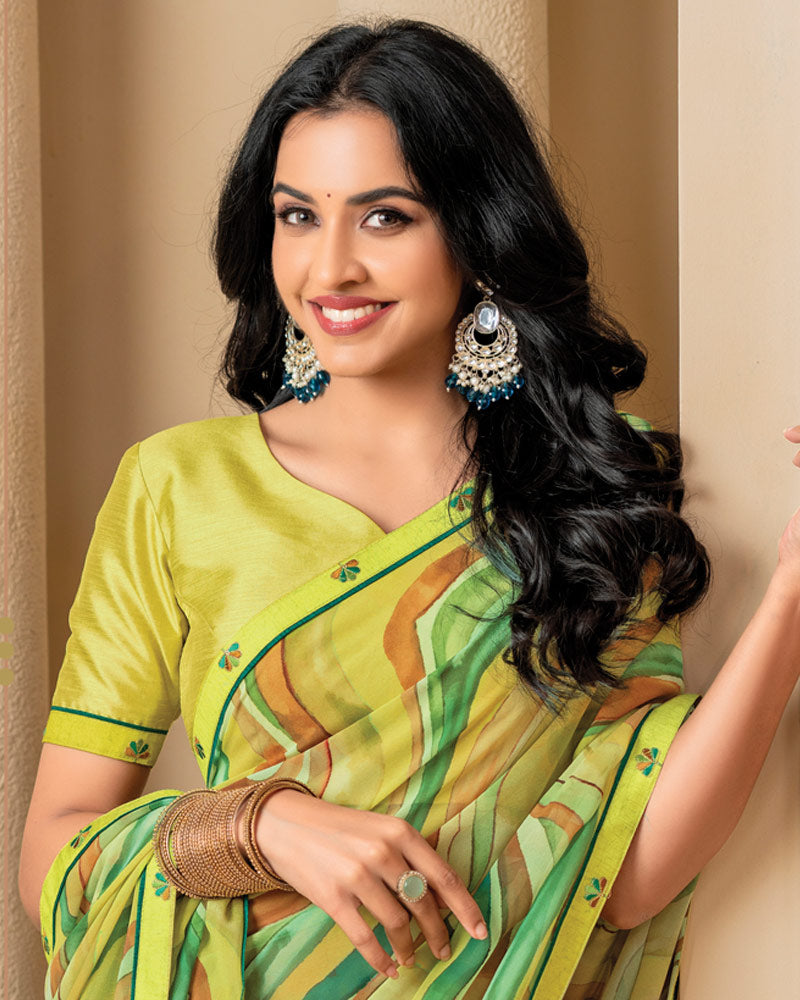 Vishal Prints Lemon Yellow Digital Print Georgette Saree With Fancy Border