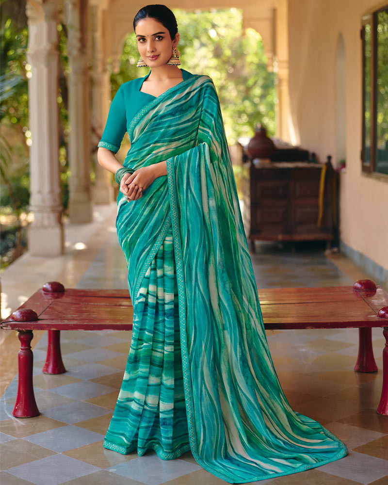 Vishal Prints Teal Green Printed Georgette Digital Print Saree With Fancy Border