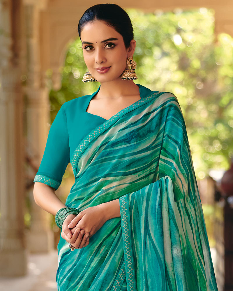 Vishal Prints Teal Green Printed Georgette Digital Print Saree With Fancy Border