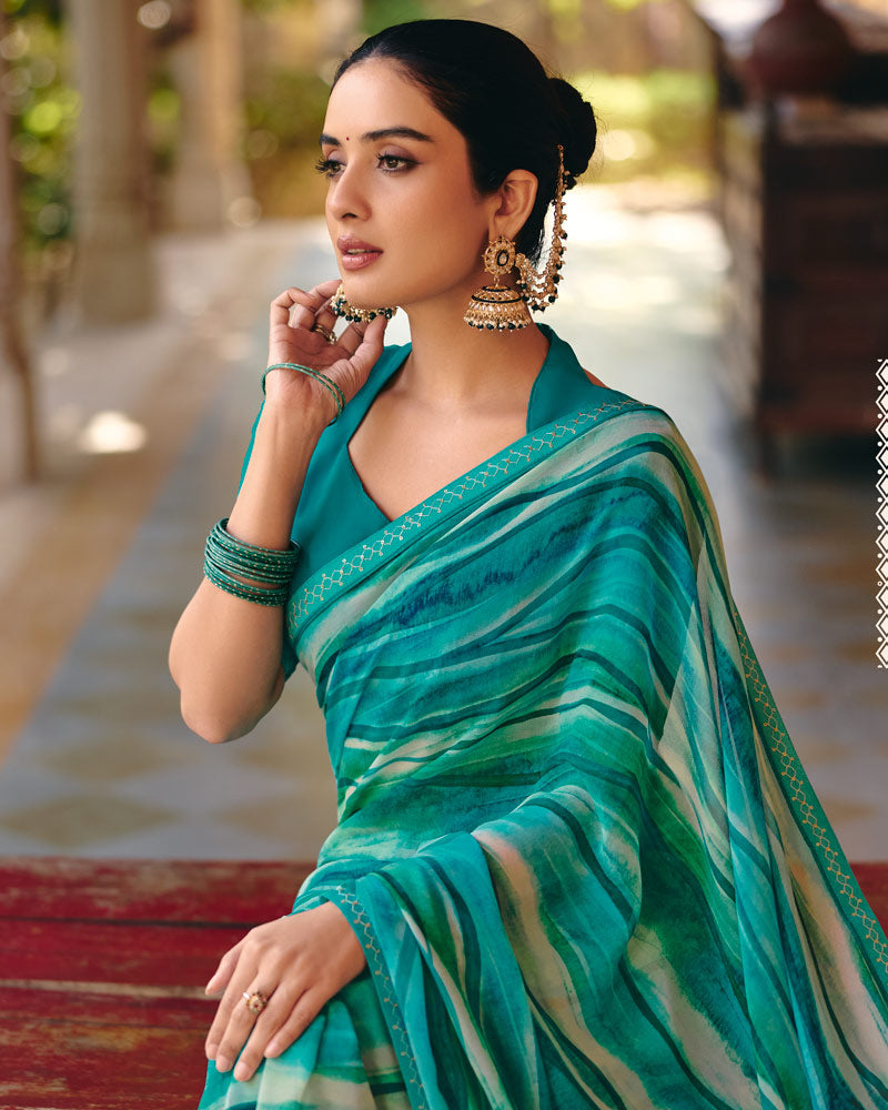 Vishal Prints Teal Green Printed Georgette Digital Print Saree With Fancy Border