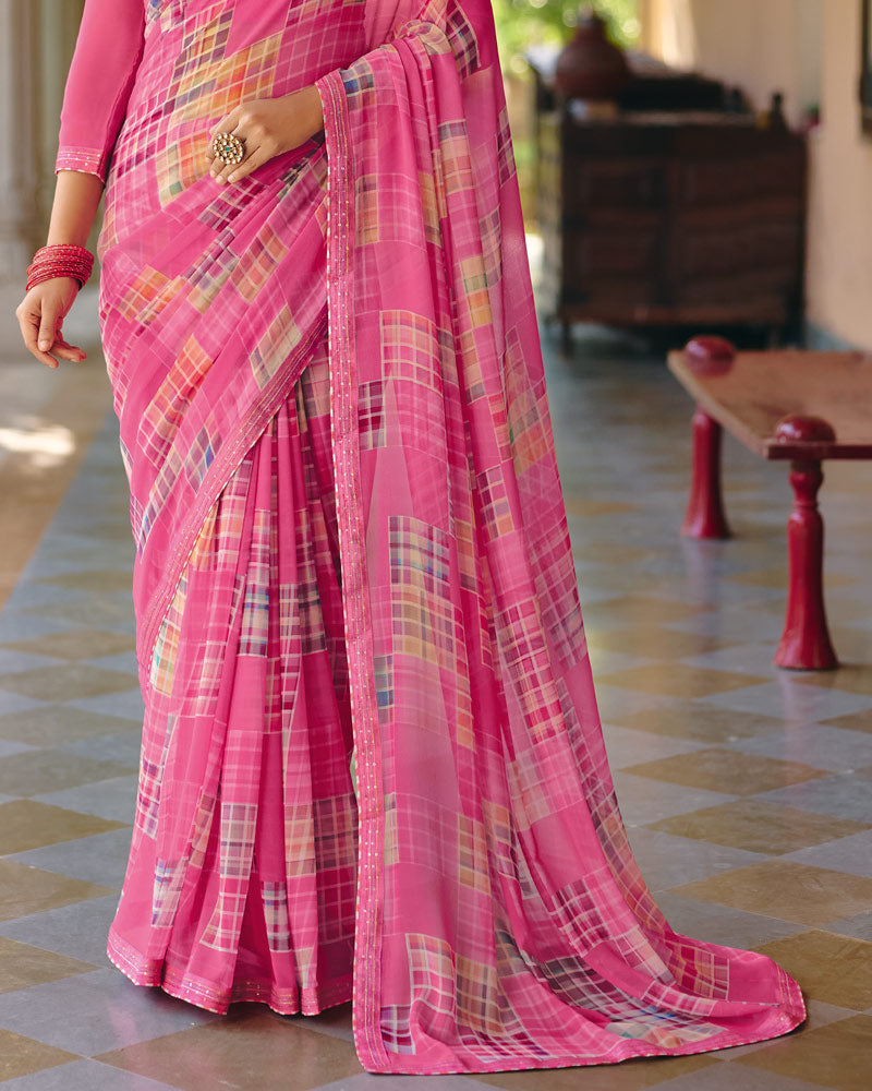 Vishal Prints Candy Pink Printed Georgette Digital Print Saree With Fancy Border