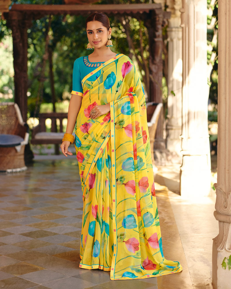 Vishal Prints Lemon Yellow Printed Georgette Digital Print Saree With Fancy Border