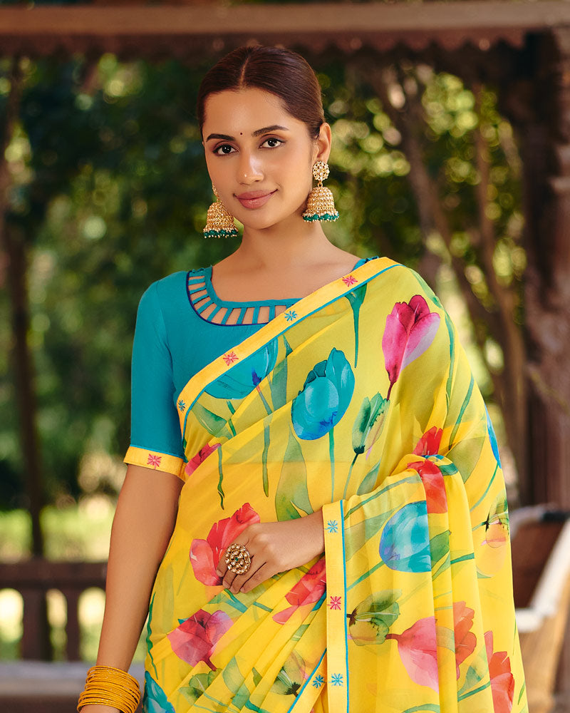 Vishal Prints Lemon Yellow Printed Georgette Digital Print Saree With Fancy Border