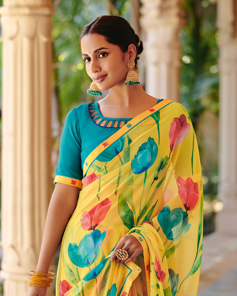 Vishal Prints Lemon Yellow Printed Georgette Digital Print Saree With Fancy Border