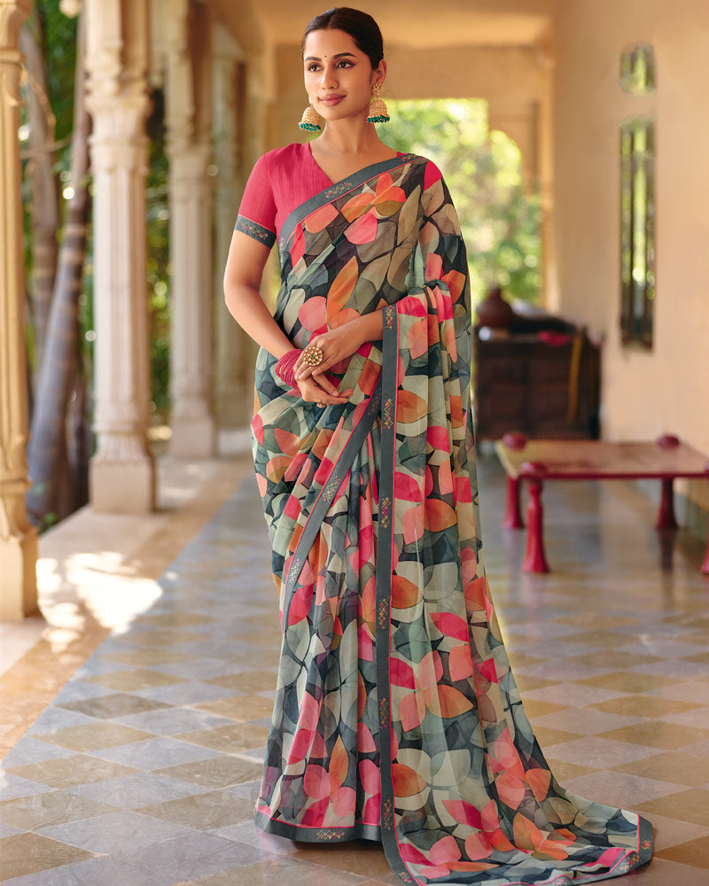 Vishal Prints Charcoal Grey Printed Georgette Digital Print Saree With Fancy Border