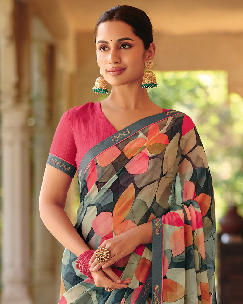 Vishal Prints Charcoal Grey Printed Georgette Digital Print Saree With Fancy Border