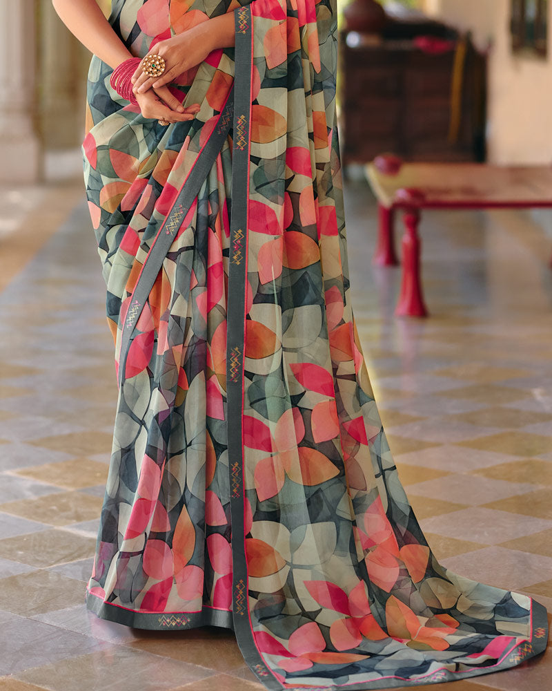 Vishal Prints Charcoal Grey Printed Georgette Digital Print Saree With Fancy Border
