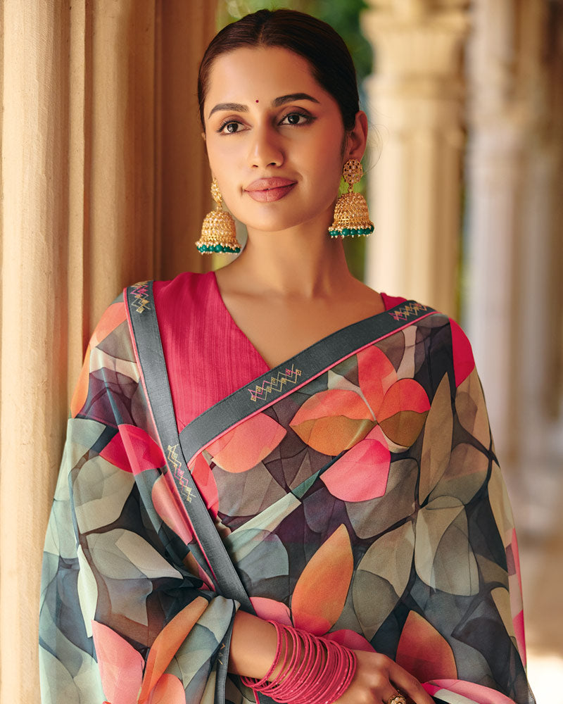Vishal Prints Charcoal Grey Printed Georgette Digital Print Saree With Fancy Border