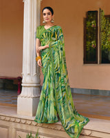 Vishal Prints Leaf Green Printed Georgette Digital Print Saree With Fancy Border