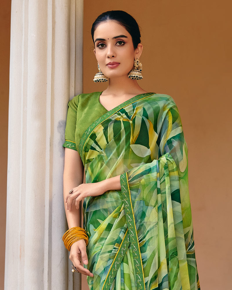 Vishal Prints Leaf Green Printed Georgette Digital Print Saree With Fancy Border