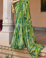 Vishal Prints Leaf Green Printed Georgette Digital Print Saree With Fancy Border